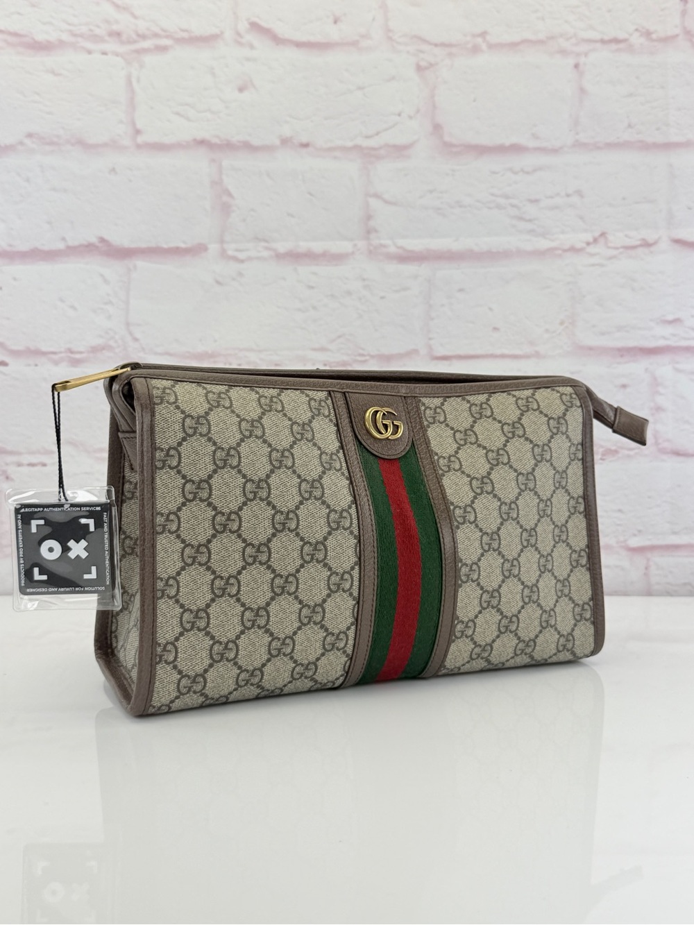 Gucci GG Supreme Monogram Web Ophidia GG Toiletry Case Beige New Acero